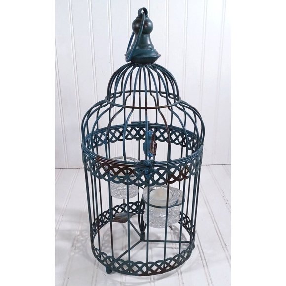 Green 16" Hanging Bird Cage Candelabra Candle Holder Cottage Shabby Chic Decor - Picture 7 of 7